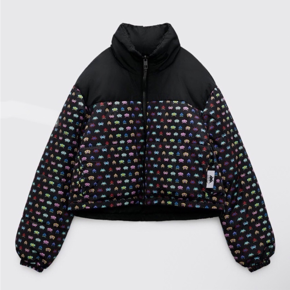 ZARA x SPACE INVADERS Reversible Black Cropped Puffer Jacket Size S (RARE)